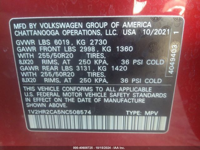 1V2HR2CA5NC508574 Volkswagen Atlas 3.6l V6 Se W/technology