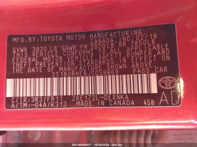 2T1BURHE8JC059869 Toyota COROLLA LE