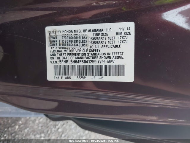 Honda Odyssey Ex-l 2015 5FNRL5H64FB041259 Image 9