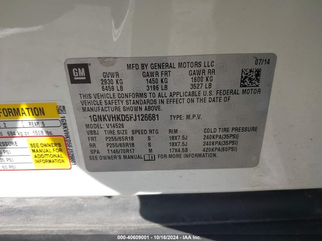 Chevrolet Traverse 2lt 2015 1GNKVHKD5FJ126681 Image 9