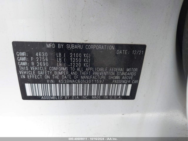 4S3BWAC60N3011597 Subaru Legacy Premium