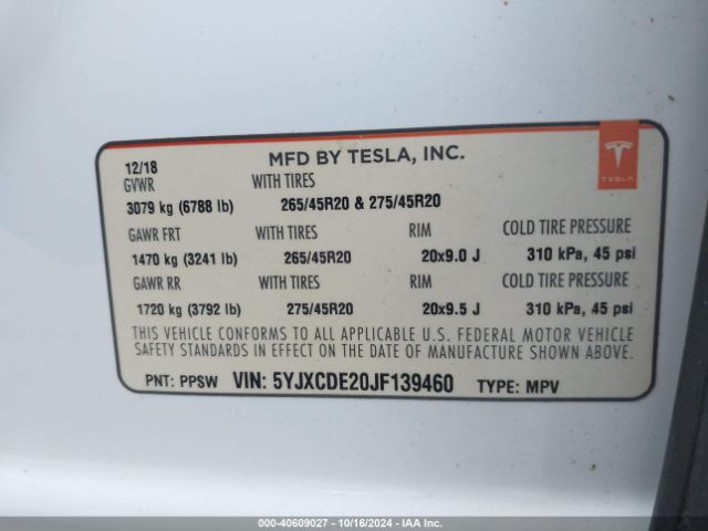 5YJXCDE20JF139460 Tesla Model X 100d/75d/p100d