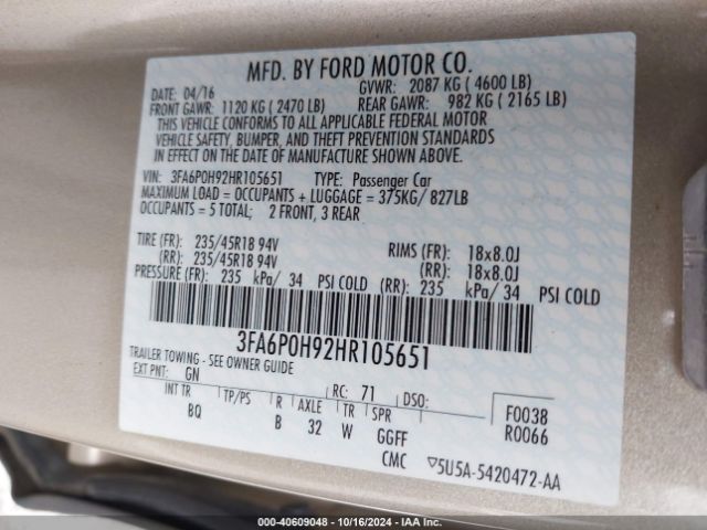 3FA6P0H92HR105651 Ford FUSION SE