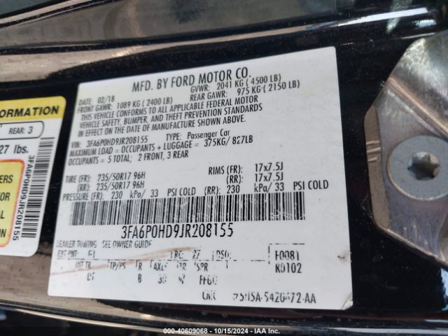3FA6P0HD9JR208155 Ford FUSION SE