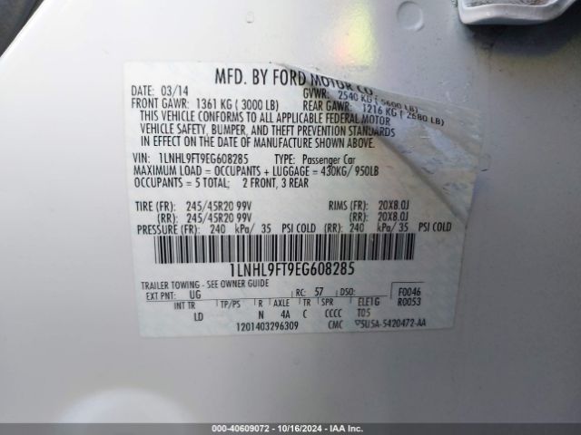 1LNHL9FT9EG608285 Lincoln Mks Ecoboost
