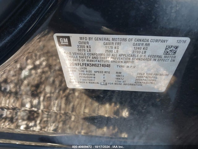 Chevrolet EQUINOX LT 2017 2GNFLFEK5H6274948 Image 9