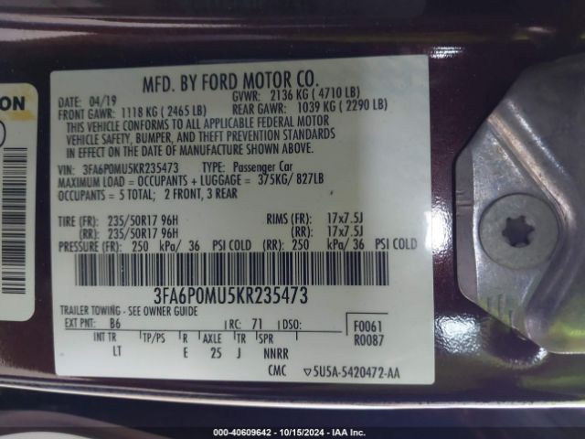 3FA6P0MU5KR235473 Ford Fusion Hybrid Sel