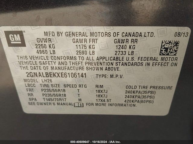 Chevrolet EQUINOX 1LT 2014 2GNALBEKXE6106141 Image 9