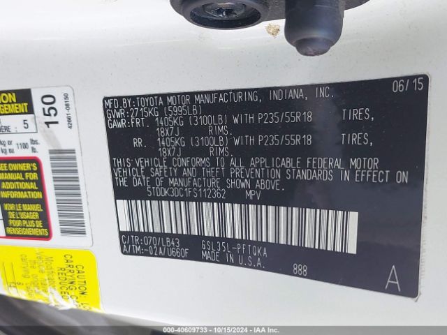 5TDDK3DC1FS112362 Toyota Sienna Limited Premium 7 Passenger