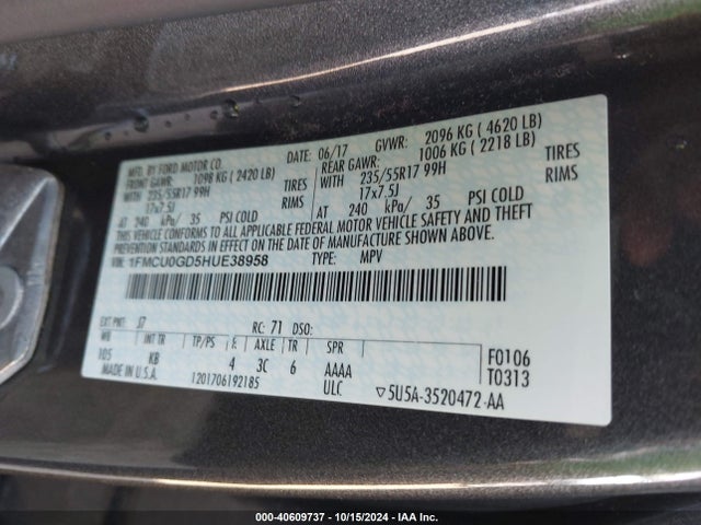 Ford ESCAPE SE 2017 1FMCU0GD5HUE38958 Image 9