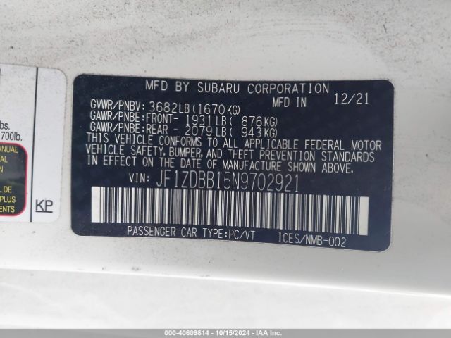 JF1ZDBB15N9702921 Subaru Brz Premium