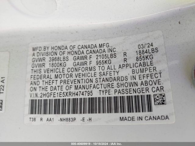 2HGFE1E5XRH474795 Honda CIVIC SI SEDAN