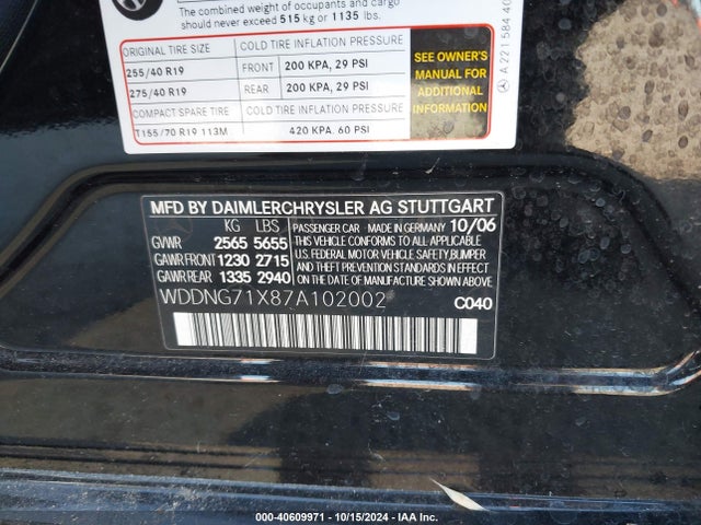 Aukcja sprzedaży 2007 Mercedes-benz S 550, vin: WDDNG71X87A102002, numer aukcji: 40609971