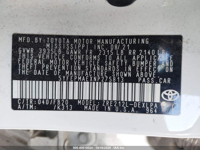 Toyota COROLLA LE 2022 5YFEPMAEXNP275813 Image 9