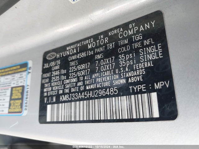 Hyundai TUCSON SE 2017 KM8J33A45HU296485 Image 9