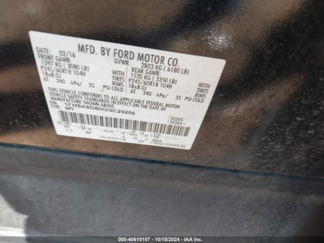 1FM5K8D80GGC29256 Ford EXPLORER XLT