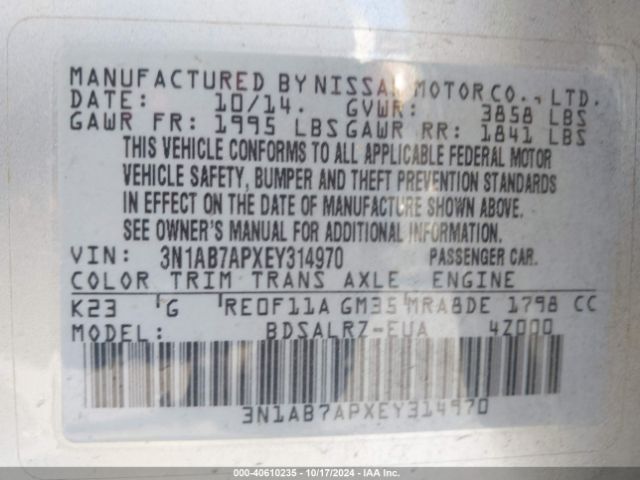 3N1AB7APXEY314970 Nissan SENTRA SR