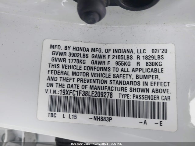 Honda CIVIC EX 2020 19XFC1F38LE209278 Image 9