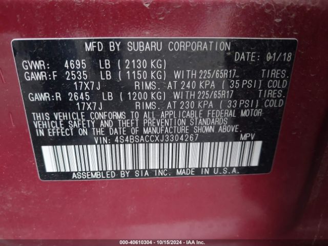 4S4BSACCXJ3304267 Subaru Outback 2.5i Premium