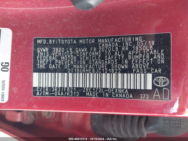 Toyota COROLLA LE 2018 2T1BURHE8JC121822 Image 9