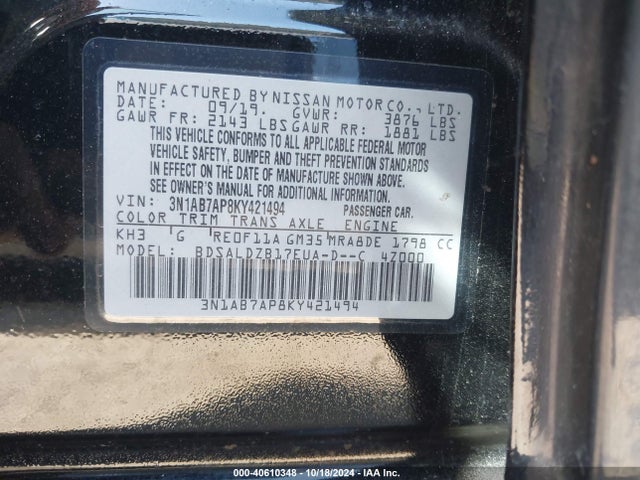 Nissan SENTRA SV 2019 3N1AB7AP8KY421494 Image 9