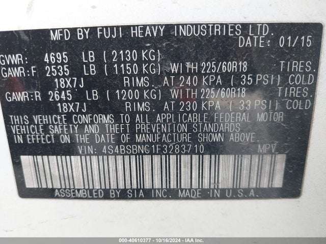 Subaru Outback 2.5i Limited 2015 4S4BSBNC1F3283710 Image 9