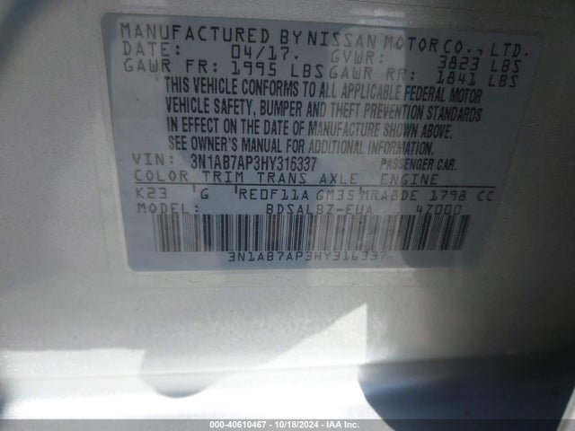 Nissan SENTRA S 2017 3N1AB7AP3HY316337 Image 9