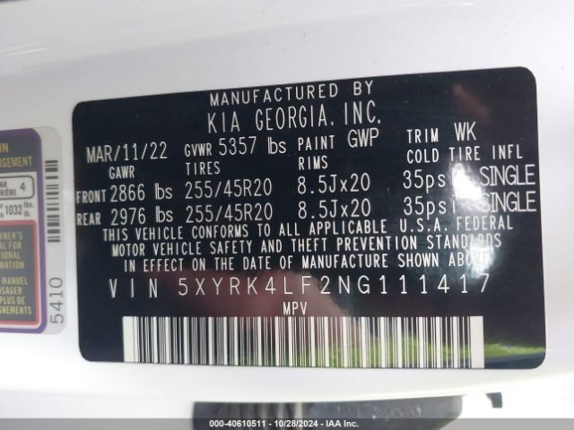 5XYRK4LF2NG111417 KIA SORENTO SX