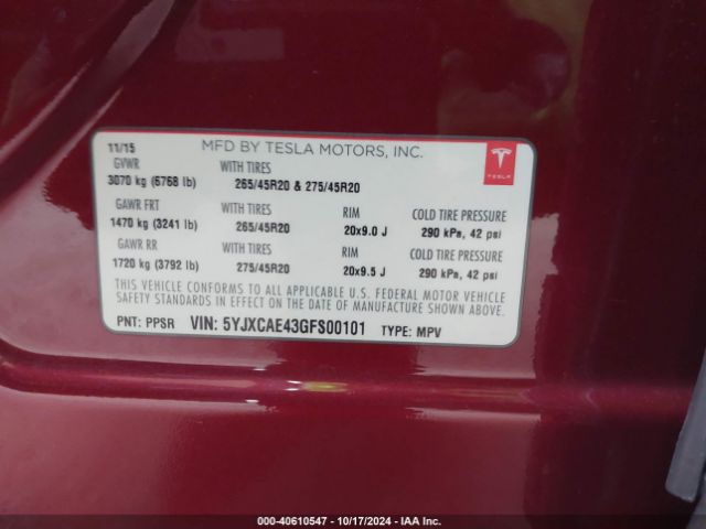 5YJXCAE43GFS00101 Tesla Model X 60d/p100d/p90d