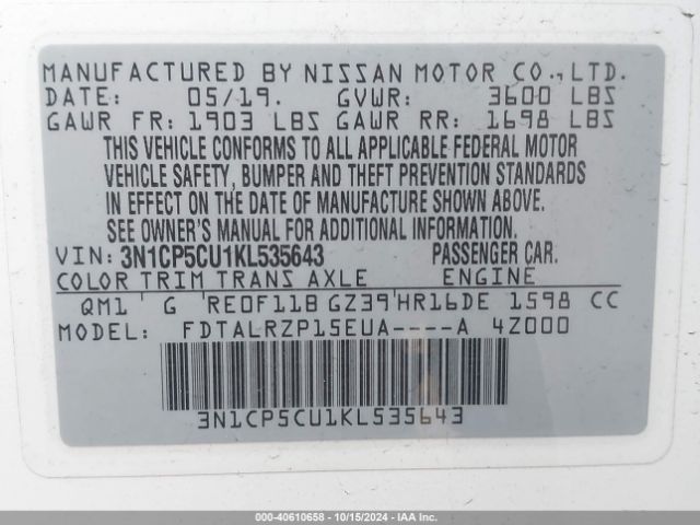 3N1CP5CU1KL535643 Nissan KICKS S