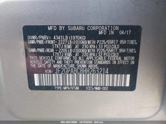 Subaru Crosstrek 2.0i Premium 2017 JF2GPABC8HH263214 Image 9