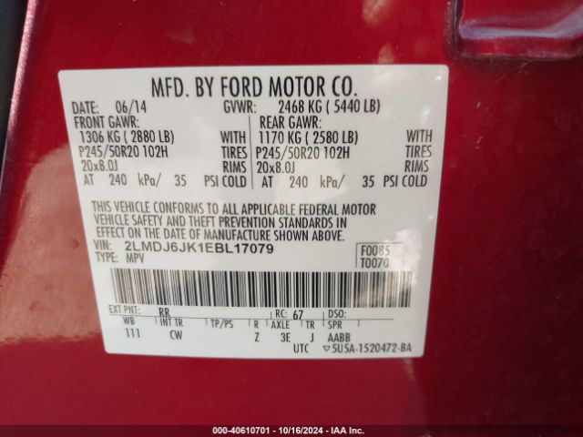 2LMDJ6JK1EBL17079 Lincoln MKX