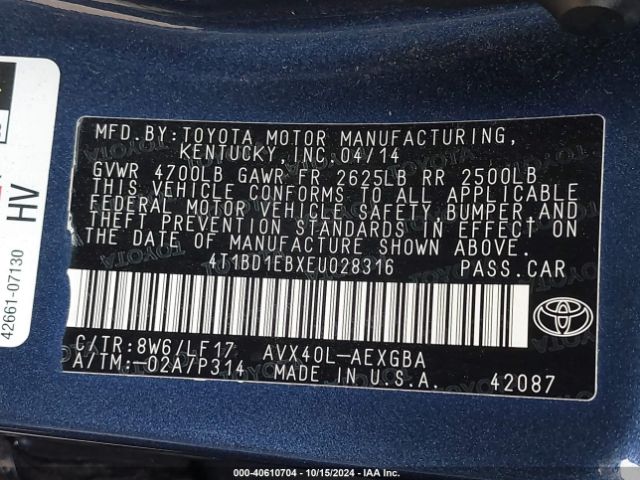 4T1BD1EBXEU028316 Toyota Avalon Hybrid Xle Premium
