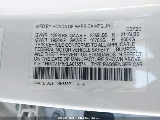 1HGCV1F5XLA076574 Honda Accord Ex-l