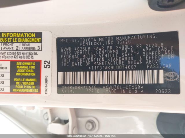 4T1F31AK9LU014687 Toyota Camry Xle Hybrid