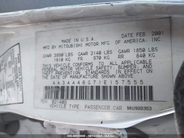 2001 MITSUBISHI GALANT 4A3AA46G71E157555 Photo 8