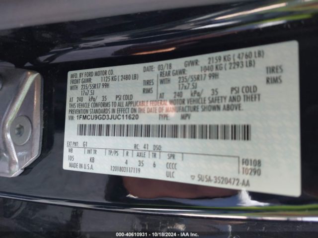 1FMCU9GD3JUC11620 Ford ESCAPE SE