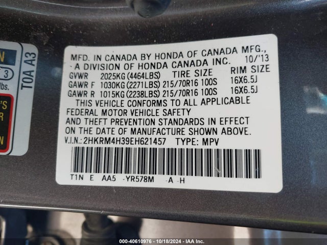 40610976 :رقم المزاد ، 2HKRM4H39EH621457 vin ، 2014 Honda Cr-v Lx مزاد بيع
