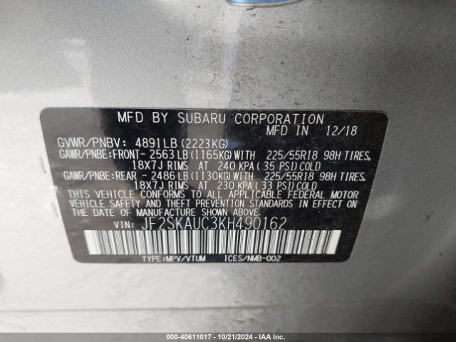 JF2SKAUC3KH490162 Subaru Forester Limited