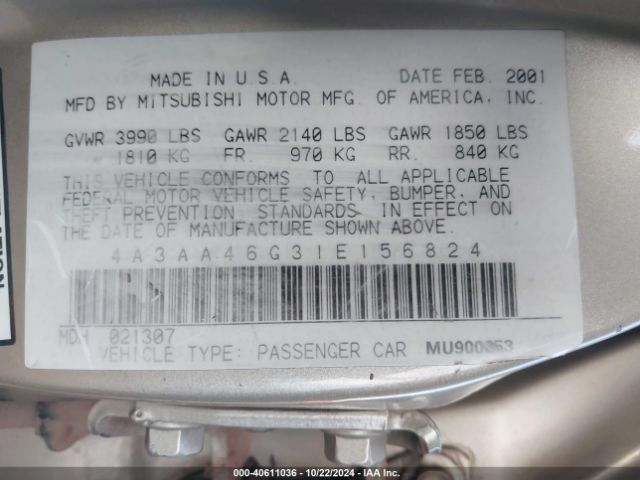 2001 MITSUBISHI GALANT 4A3AA46G31E156824 Photo 8
