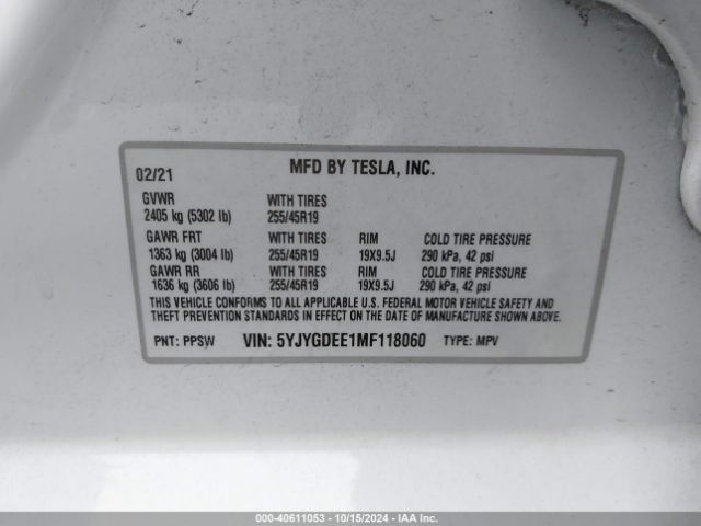 5YJYGDEE1MF118060 Tesla Model Y Long Range Dual Motor All-wheel Drive