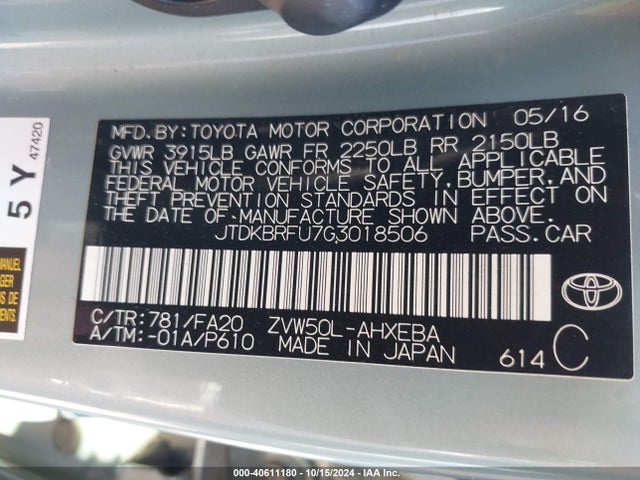 Toyota Prius Two 2016 JTDKBRFU7G3018506 Image 9