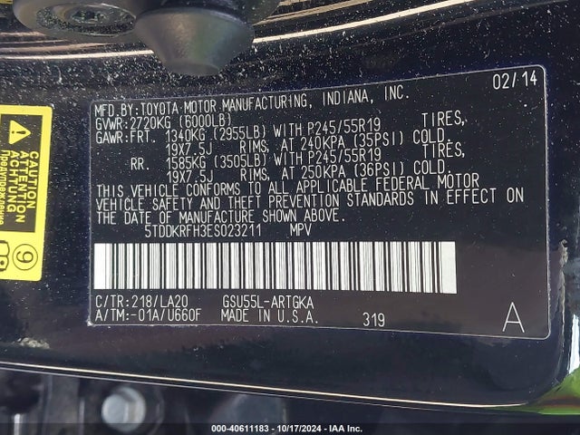 5TDDKRFH3ES023211 Toyota Highlander Limited V6