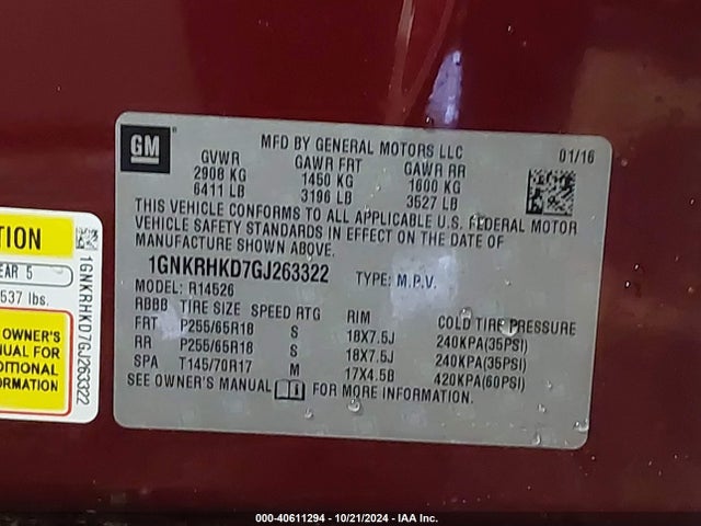 Chevrolet Traverse 2lt 2016 1GNKRHKD7GJ263322 Image 9