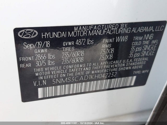 5NMS3CAD1KH042232 Hyundai Santa Fe Sel Plus