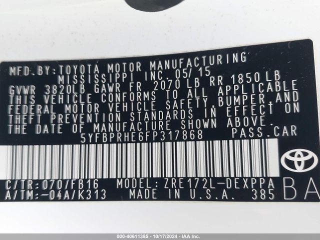 5YFBPRHE6FP317868 Toyota Corolla Le Eco Plus