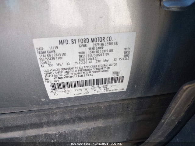 Ford EXPLORER XLT 2020 1FMSK8DH1LGB28742 Image 9