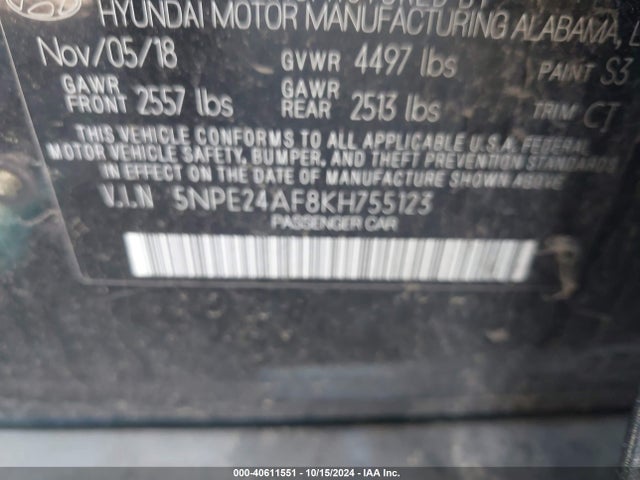 5NPE24AF8KH755123 Hyundai SONATA SE
