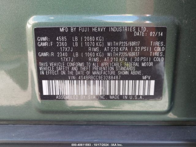 4S4BRBCC9E3288487 Subaru Outback 2.5i Premium