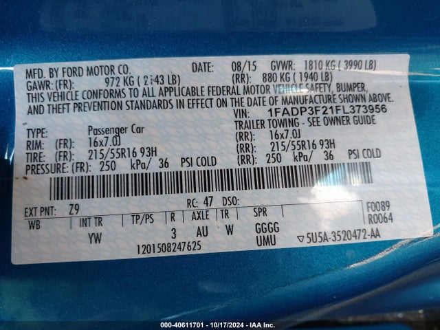 Ford FOCUS SE 2015 1FADP3F21FL373956 Image 9
